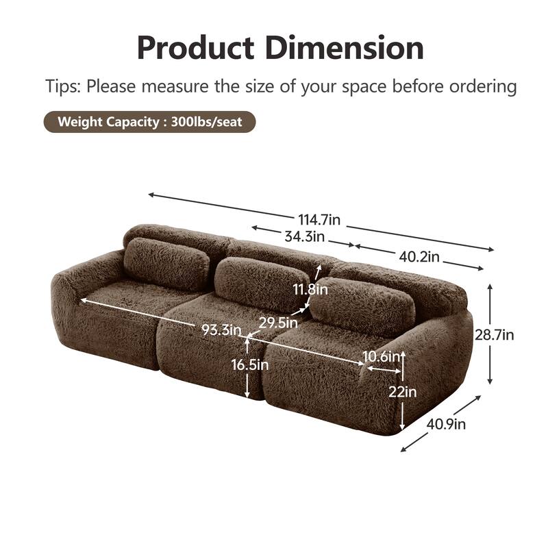 Anmytek 114'' Modern Modular Sectional Sofa - Soft Fluffy Plush Fabric Ergonomic Design Vacuum Compressed