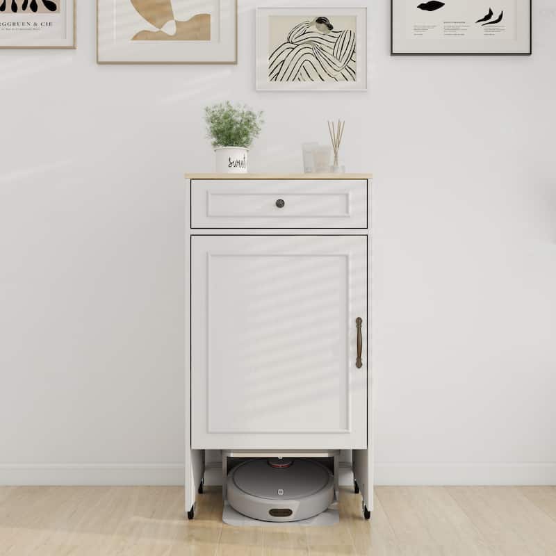 Robot Vacuum Storage Stand – Rolling Cabinet with Doors/Drawers, Antique White Finish - Antique White