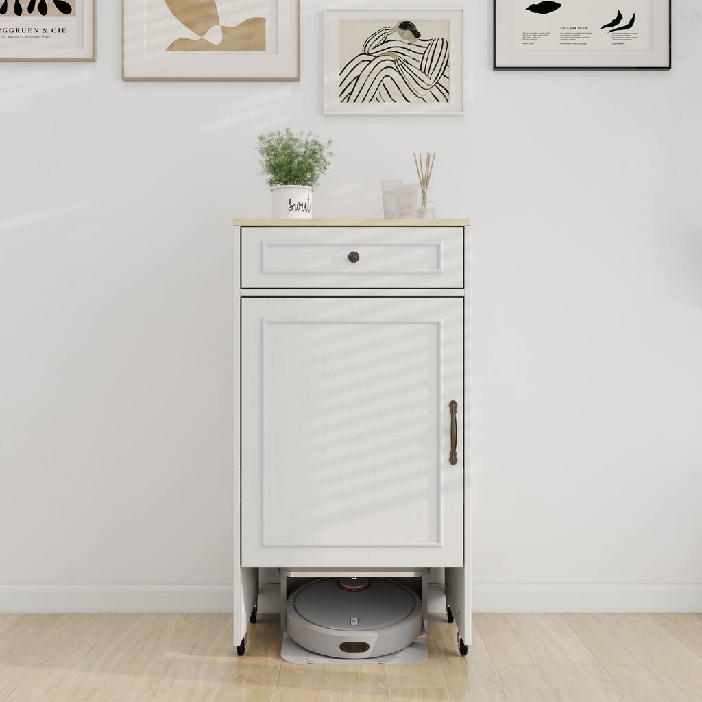 Robot Vacuum Storage Stand – Rolling Cabinet with Doors/Drawers, Antique White Finish
