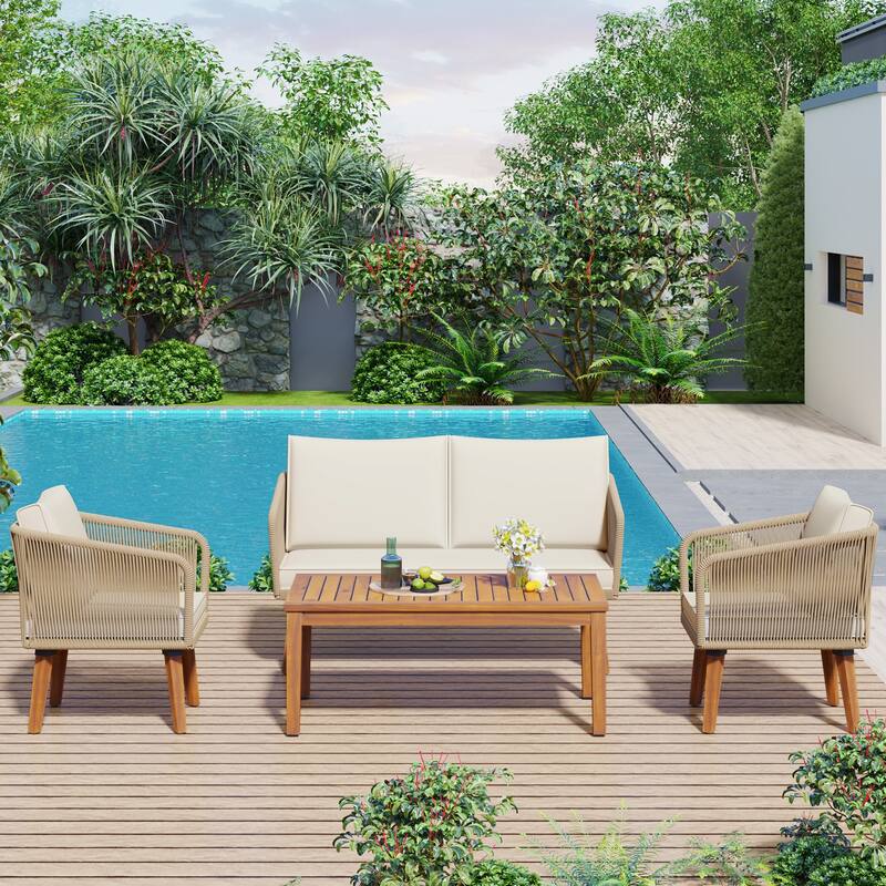 4-Piece Outdoor Rope Patio Conversation Set with Loveseat and Acacia Wood Table, Weather-Resistant Cushions and Metal Frame
