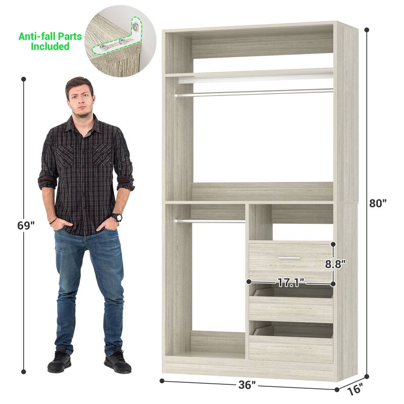 Qvella 72'' Closet System with 6 Wooden Drawers and 4 Hanging Rods, Walk-in Closet Organizer with 10 Storage Shelves