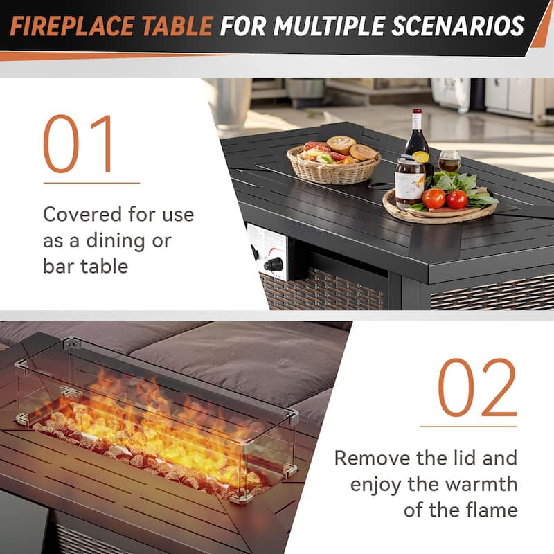 TWrap Wicker Patio Iron Fire Pit Conversation Set with 3-Seat Sofa & Swivel Gliders & Armchairs