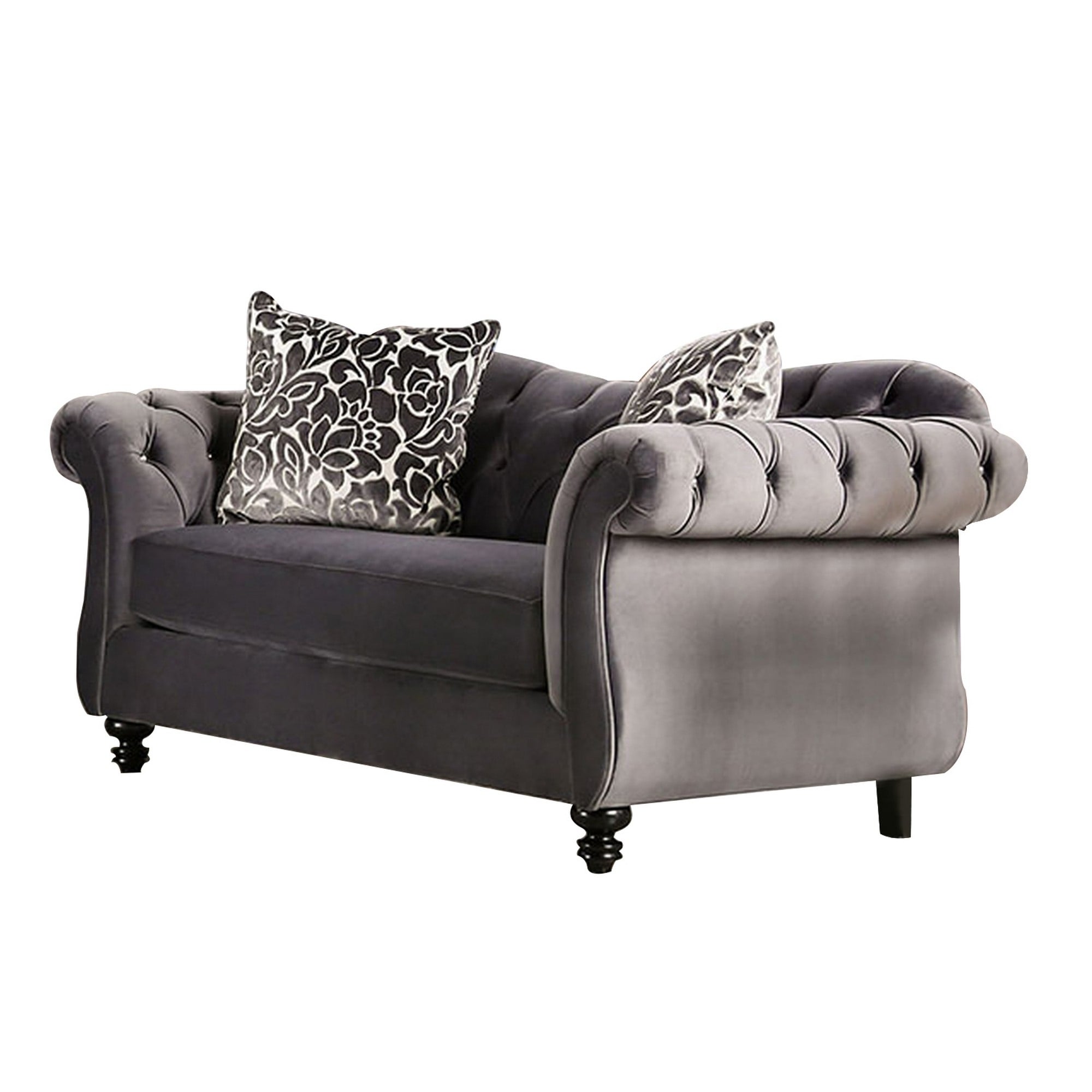 Div 68 Inch Chesterfield Loveseat, 2 Pillow Reverse Camelback, Gray Velvet