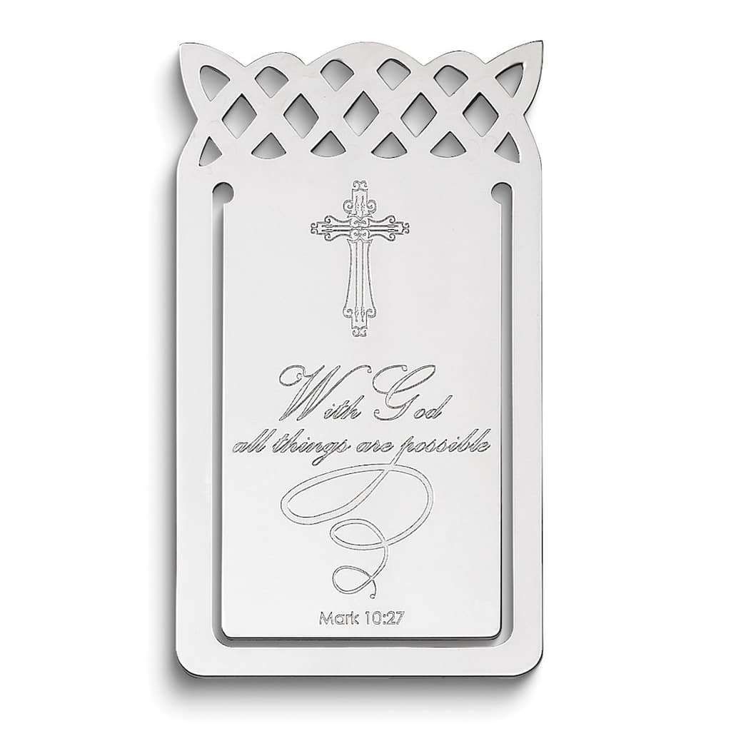 Curata Sterling Silver Rhodium-Plated Cross with Mark 10:27 Verse Book Mark with Tassel