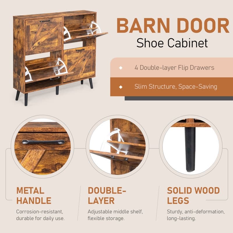 Barn Door 4 Flip Black Handles Melamine Particleboard Shoe Cabinet 41.7In
