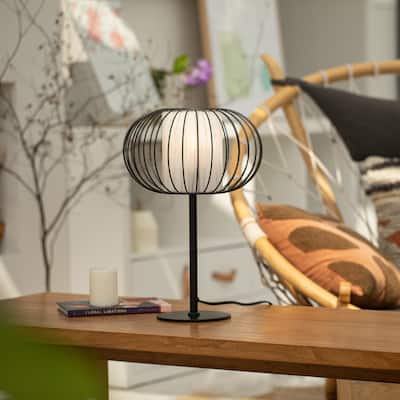 CO-Z 17" Modern Desk Lamp Table Lamp with White Fabric Shade and Metal Cage Frame