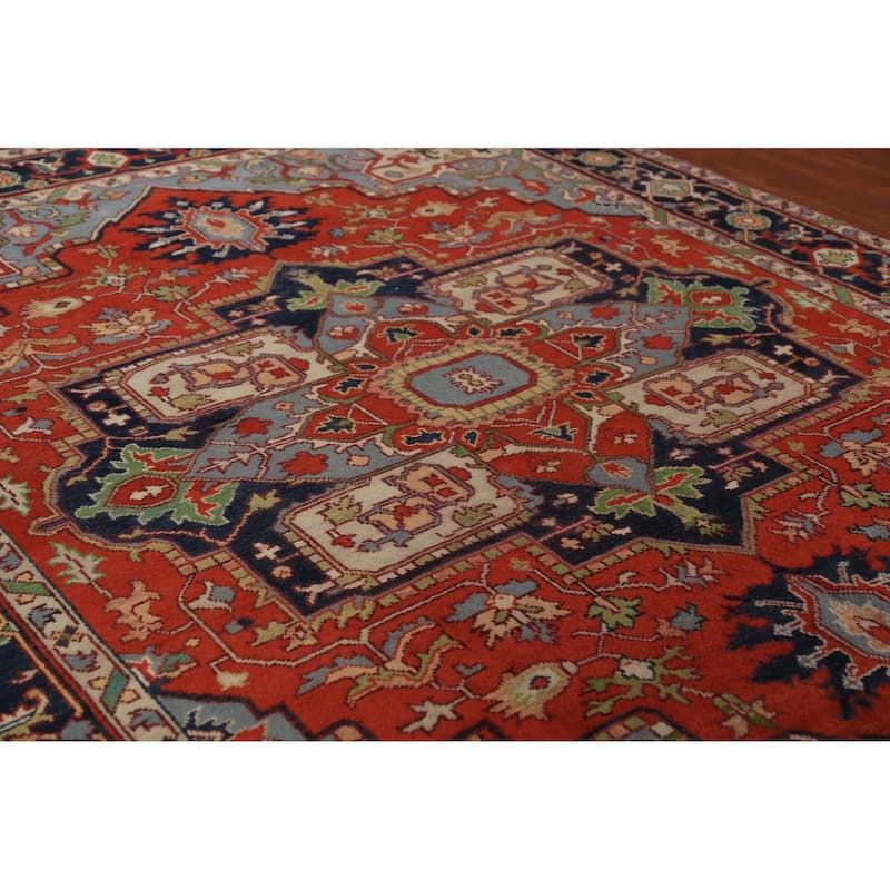 Orange Medallion Heriz Serapi Indian Rug Hand-Knotted Wool Carpet - 8'11"x 11'7"