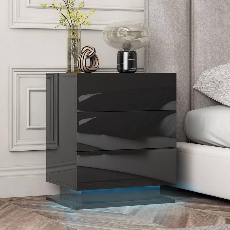LED Nightstand with 3 Drawers Modern End Side Bedside Table