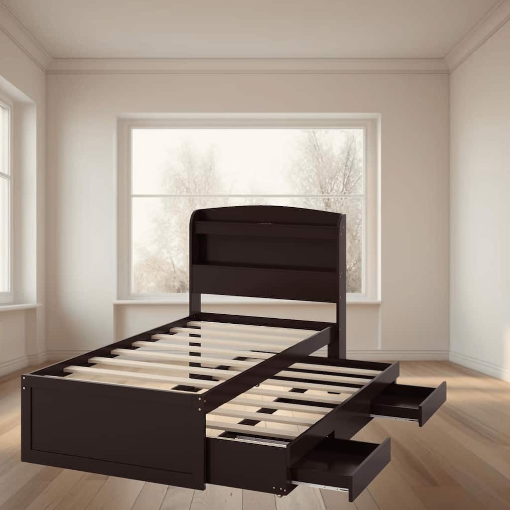 Twin XL Size Platform Bed Frame with LED Headboard, Charging Station, Storage Drawers and Trundle, Perfect for Small Spaces