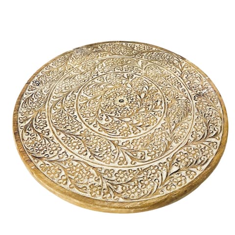 Round Mango Wood Decorative Carved Turntable Lazy Susan with Filigree Engraving, Brown - 18 H x 2.5 W x 18 L Inches