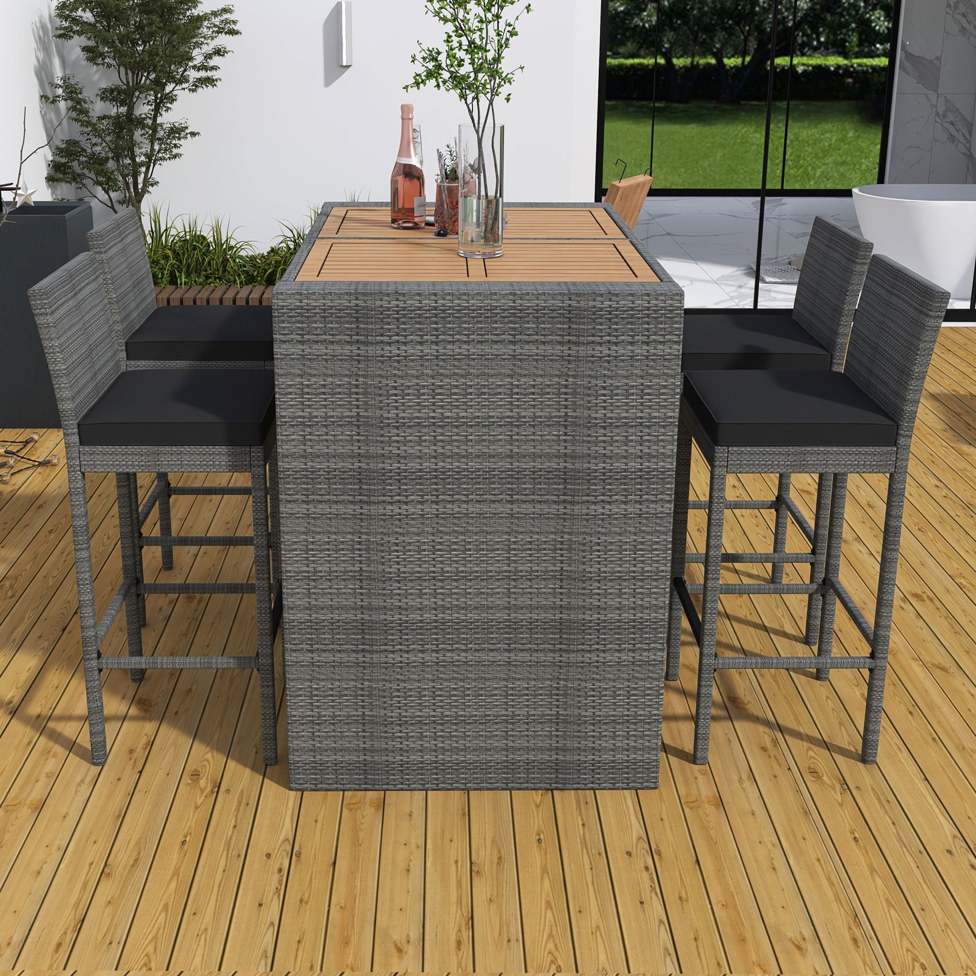 5-Piece Wicker Outdoor Dining Set, Bar Height Chairs With Non-Slip Feet