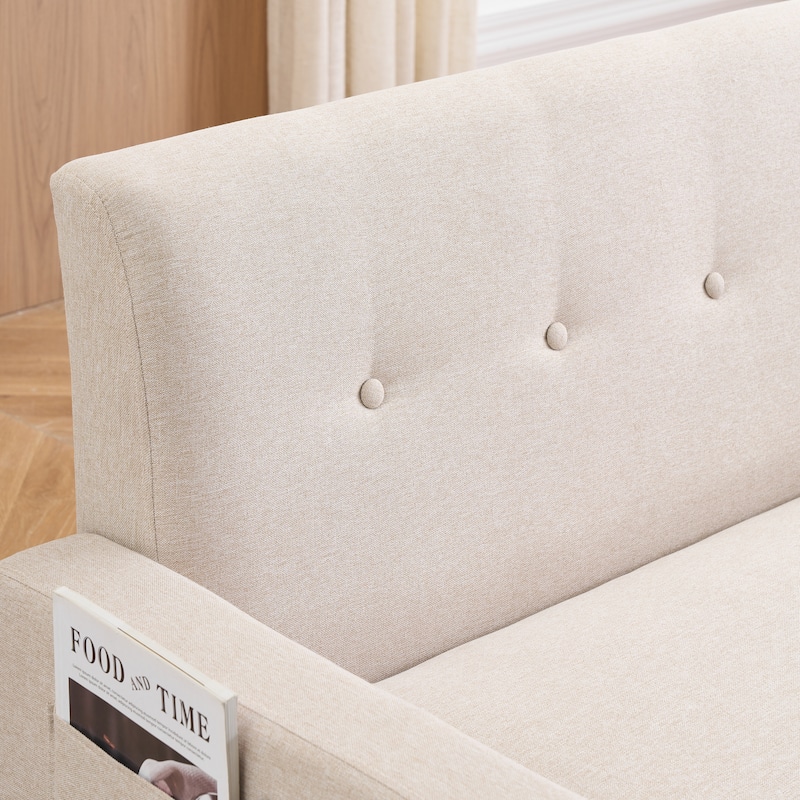 Cotton & Linen Loveseat Sofa with Built-in Storage and Side Pocket