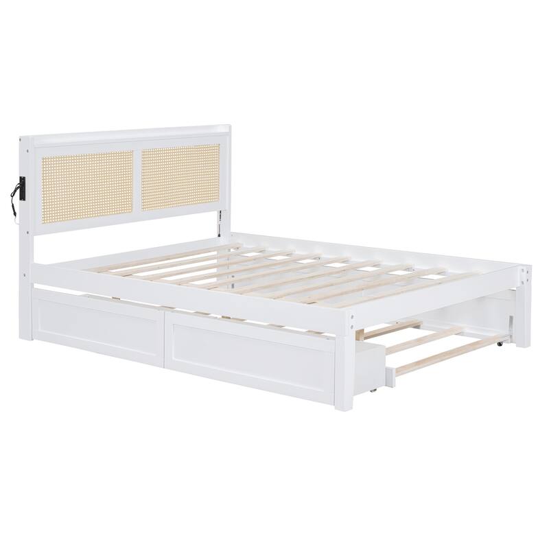 Elegant Bed Frame with Rattan Headboard and Sockets