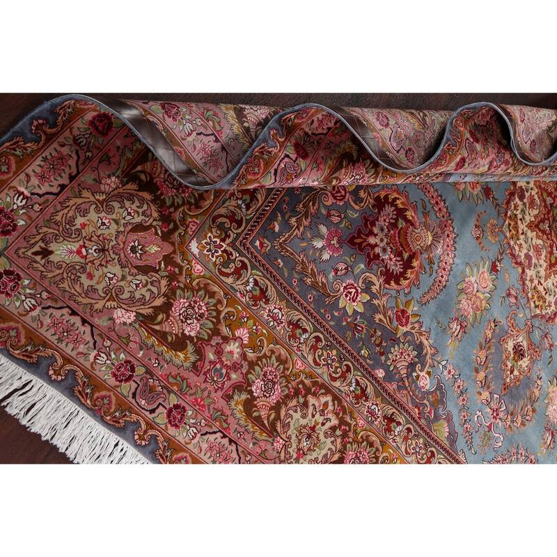 Hand Knotted Oriental 100% Wool Carpet Traditional Floral Navy Blue & Blues Tabriz Area Rug - 9' 9'' X 9' 10''