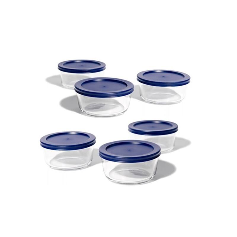 Glass Food Storage Containers Set - Round, 2-Cup (16oz) BPA-Free, Microwave & Oven Safe, Airtight Lids - 12 Piece Set (6 Containers + 6 Lids) - Blue