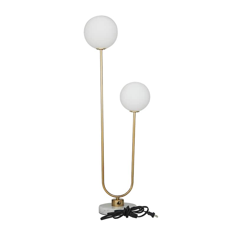 Metal Curved Orb 2 Light Room Table Lamp with White Glass Shades and Marble Base - Gold or Silver - Roche River Decor