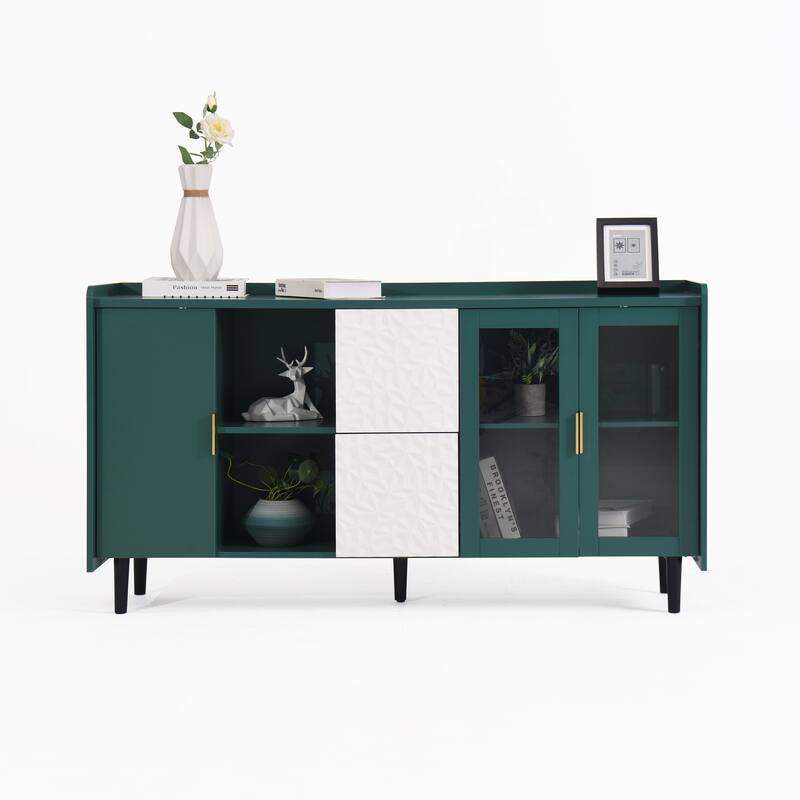 Kitchen Storage Cabinet Coffee Bar Cabinet Green Sideboard wGlass Doors, 2 Drawers Buffet Table TV Console Table Display Cabinet