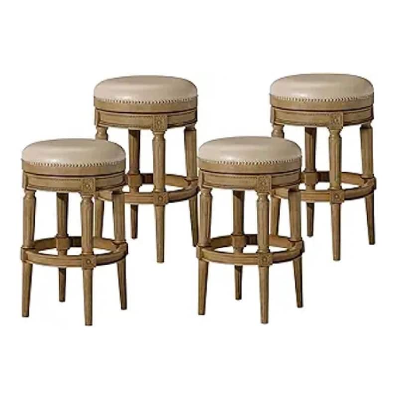 Maven Lane Pullman Backless Swivel Kitchen Stool - Set of 4 - Weathered Oak Vegan Leather - Bar Height