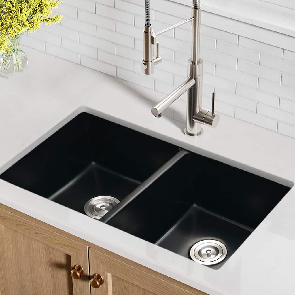Quartz 14''/18''/33''L Undermount Kitchen Sink With Basket Strainer in Black
