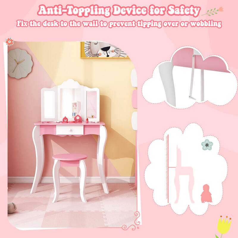 Pink-White Kid's Wooden Vanity Table and Stool Set with 3-Panel Acrylic Mirror - 27"L × 16.5"W × 39.5"H