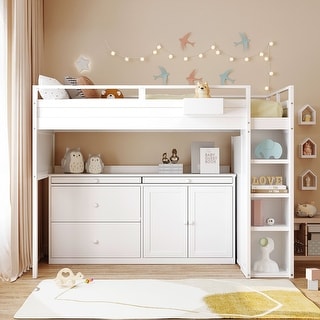 Versatility Twin Size Loft Bed with Rolling Cabinet and Desk, White ...