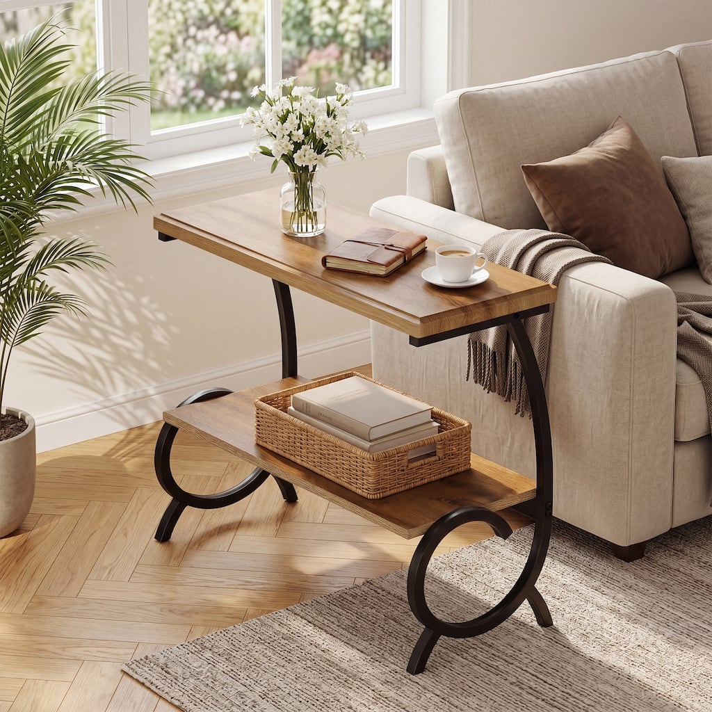2-Tier End Table, Narrow Couch Side Table, Farmhouse Side Table for Couch, Bedside Nightstand for Living Room, Bedroom