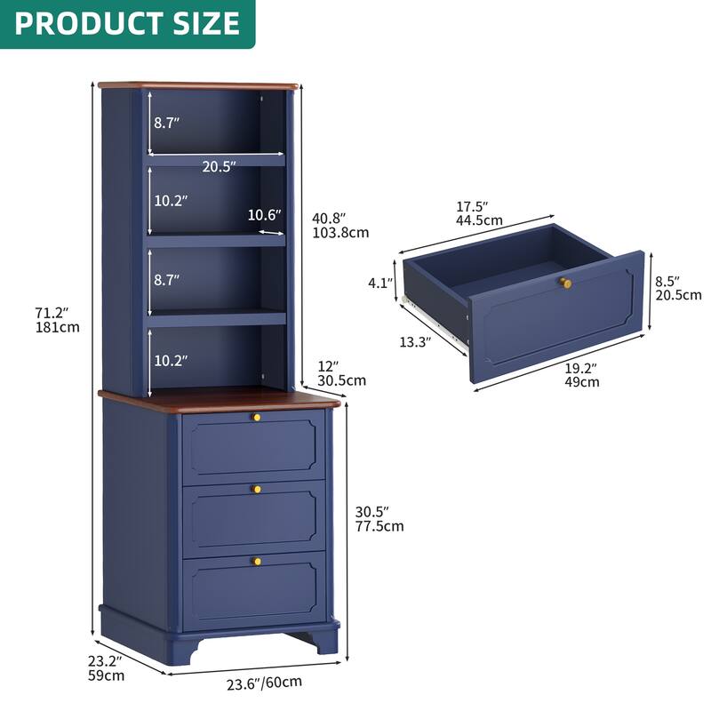 Moasis Farmhouse 71" Bookcase with 3 Drawers, 4 Tiers Open Shelves Bookshelf for Living Room