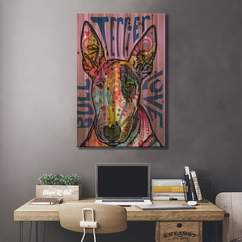 Bull Terrier Love Print On Wood by Dean Russo - Multi-Color
