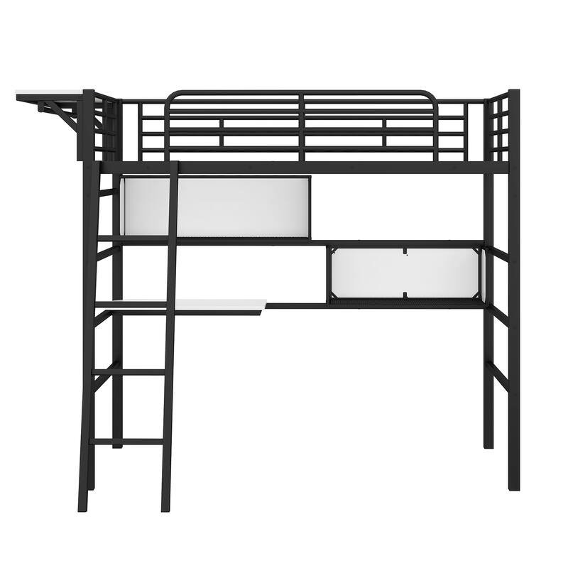 Twin Size Metal Loft Bed with 2 Shelves, a desk and a Hanging Clothes