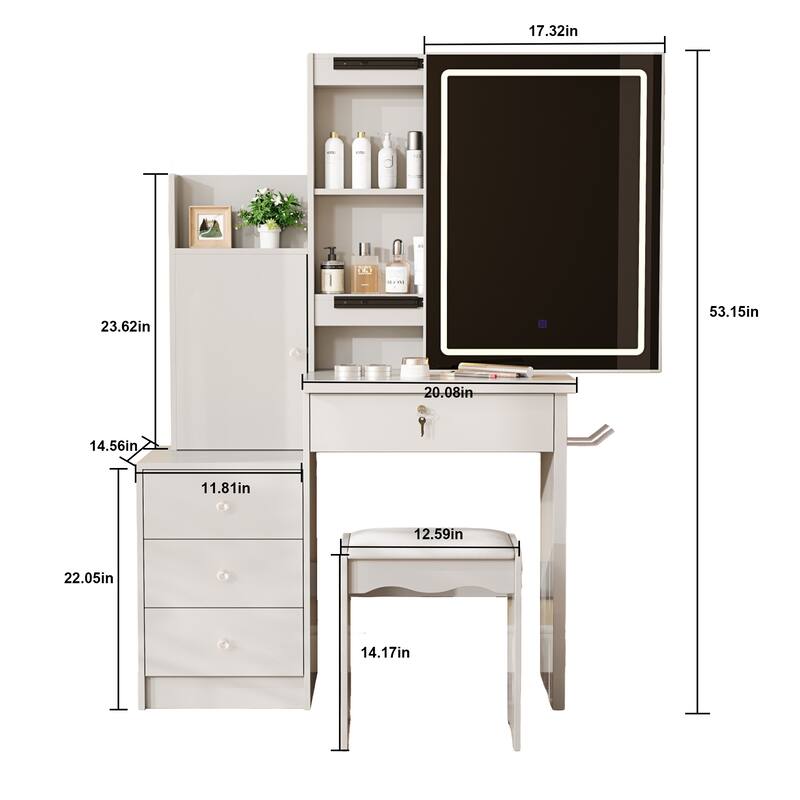Vanity Desk with Sliding LED Mirror, Power Outlet, 4 Drawers, Hidden Storage & Stool, White Makeup Table for Bedroom