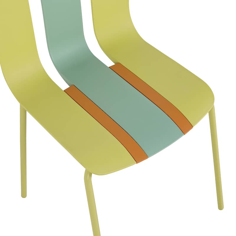 4-Pack Modern Striped Color Block Chairs - Indoor/Outdoor PP Plastic Seat & Sturdy Metal Legs, Vibrant Yellow, Orange, Green