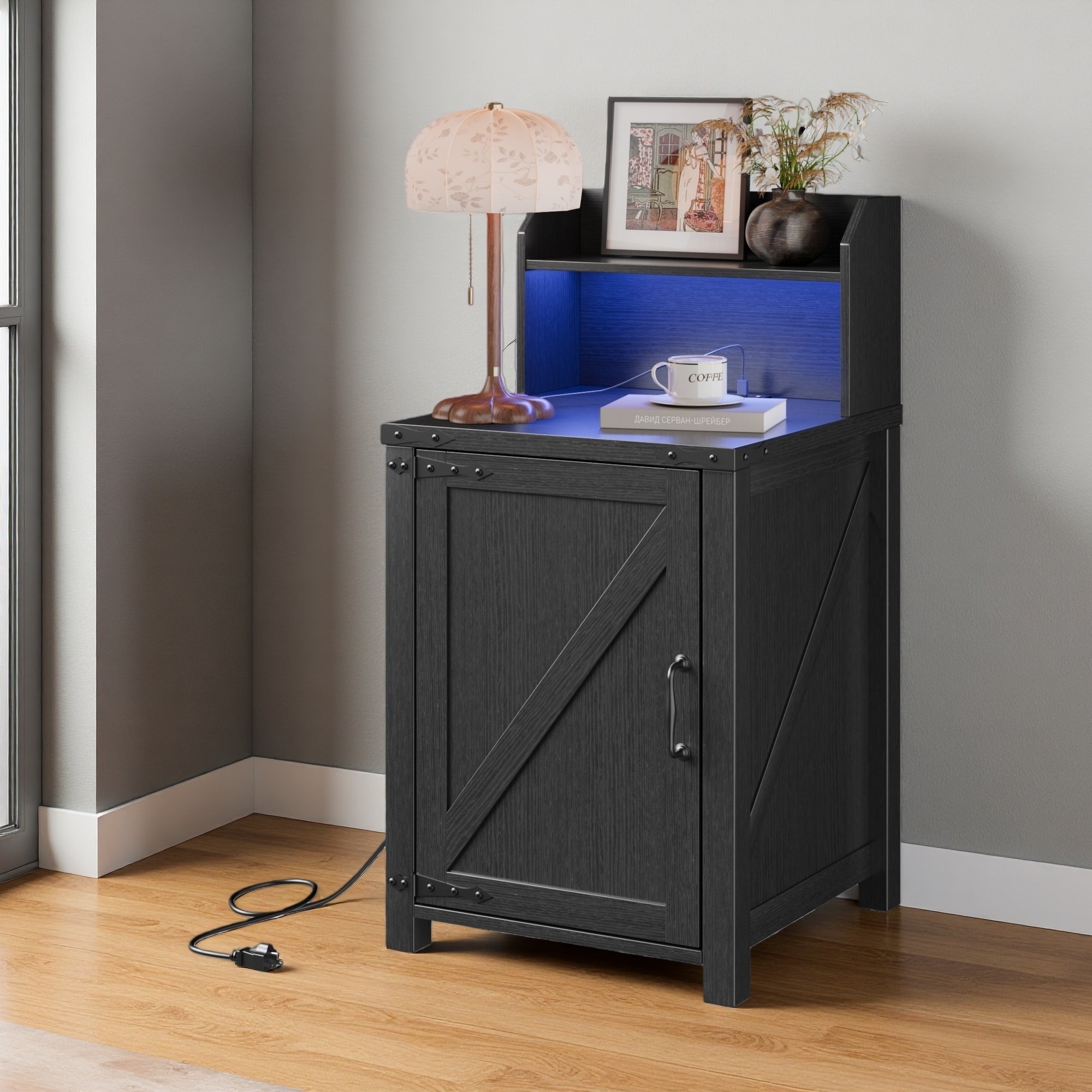 18"L Rustic Wood Nightstand with Charging Station, Barn Door Design & Adjustable Storage Shelf, End Table with Magnetic Door