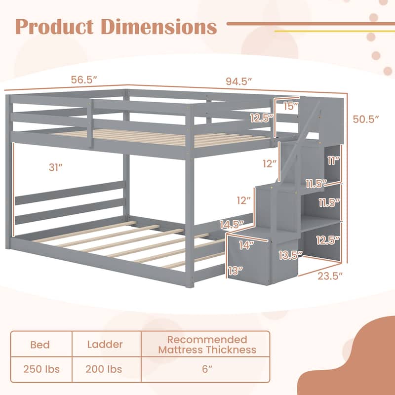Costway Full Over Full Low Bunk Bed with Storage Stairs with