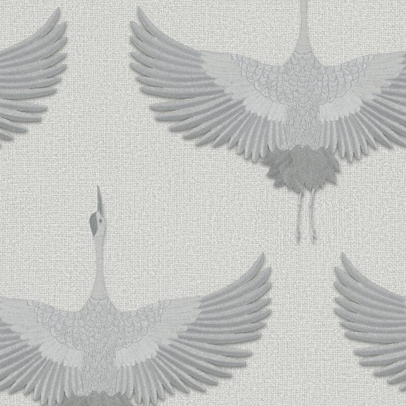 Galerie Wallcoverings Kumano Textured Stork Design Vinyl on Non-woven Pearlescent Wallpaper Roll - 33 feet x 21 inches - Grey