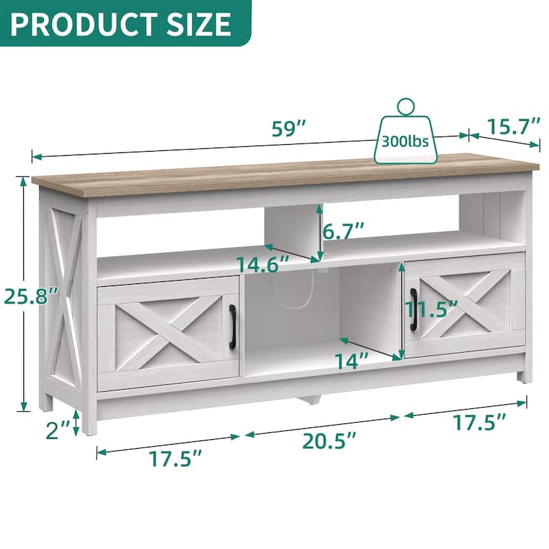 Farmhouse TV Stand for up to 65" TV with Doors and Open Shelves Media Console Power Outlet