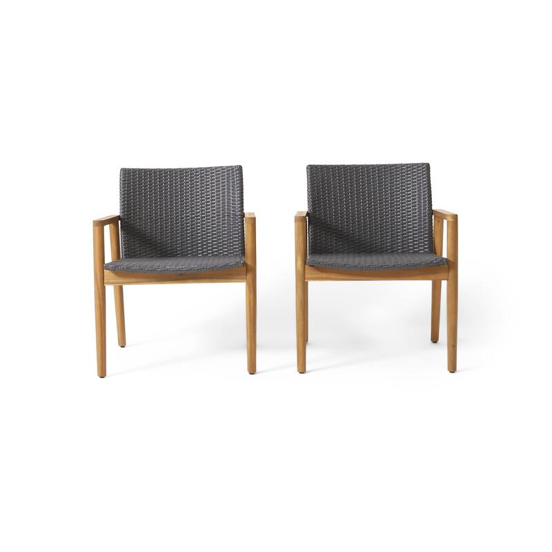 Outdoor Accent Club Chair Set of 2, Gray Wicker, Natural Brown Acacia Wood
