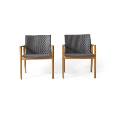 Outdoor Accent Club Chair Set of 2, Gray Wicker, Natural Brown Acacia Wood