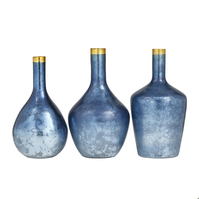 Glass Decorative Vase with Gold Rim - Set of 3 White, Blue or Black - Roche River Decor - Blue