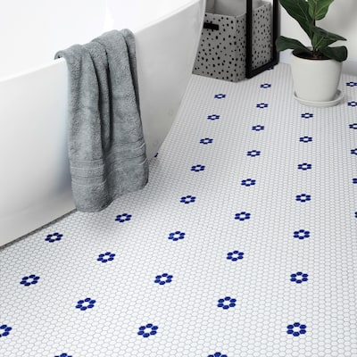 Merola Tile Metro Ion 1" Hex Sapphire Single Flower w/ Glossy White 10-1/4" x 11-7/8" Porcelain Floor and Wall Tile