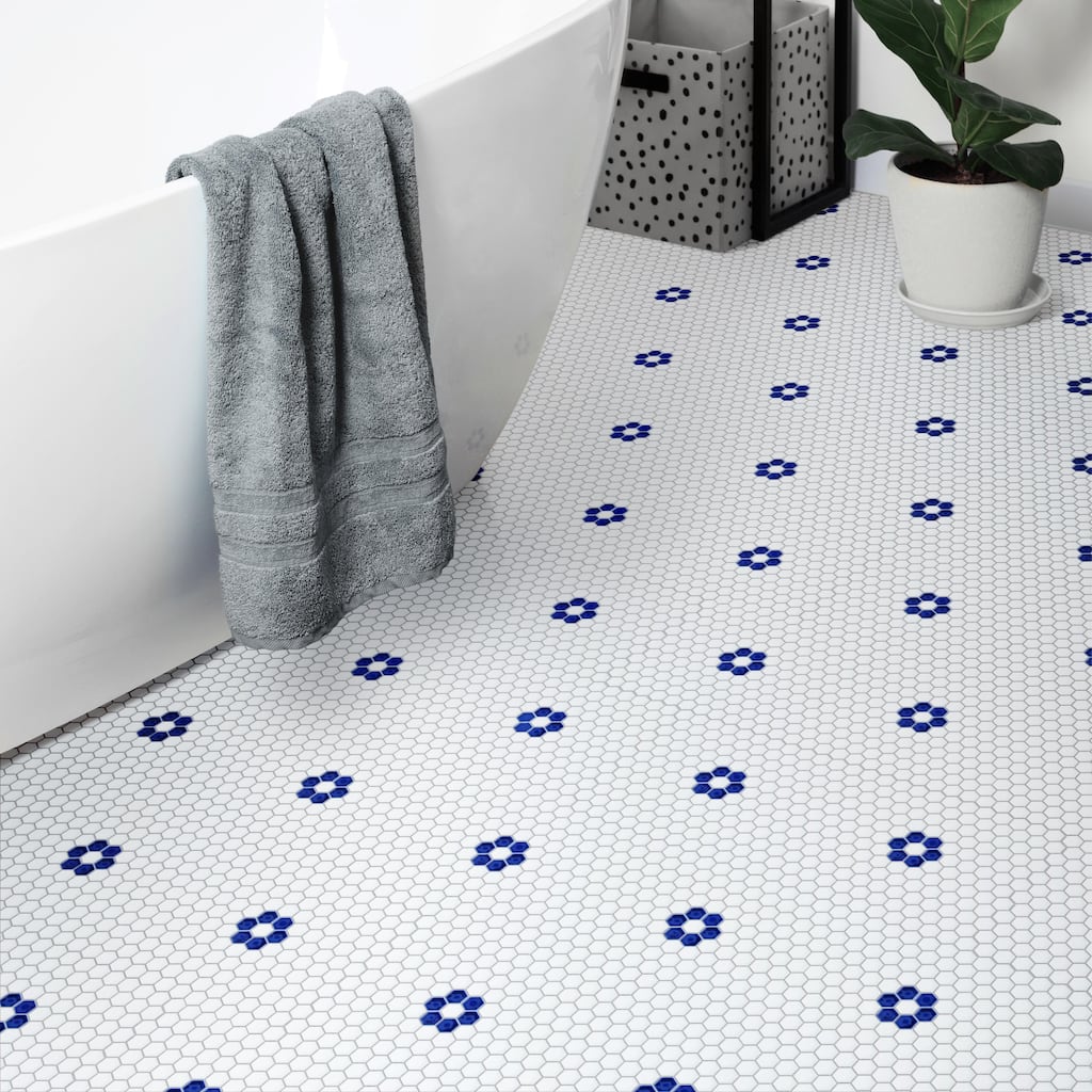 Merola Tile Metro Ion 1" Hex Sapphire Single Flower w/ Glossy White 10-1/4" x 11-7/8" Porcelain Floor and Wall Tile