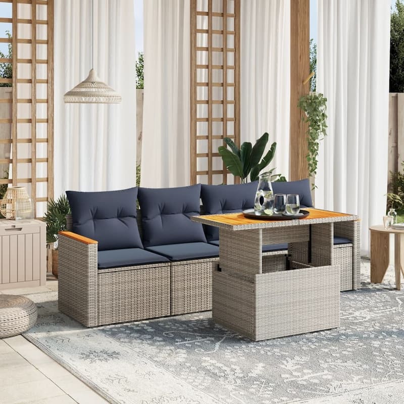 vidaXL Patio Sofa Set with Cushions Outdoor Furniture 5 Piece Poly Rattan - Grey - 24.4 x 24.4 x 27.2