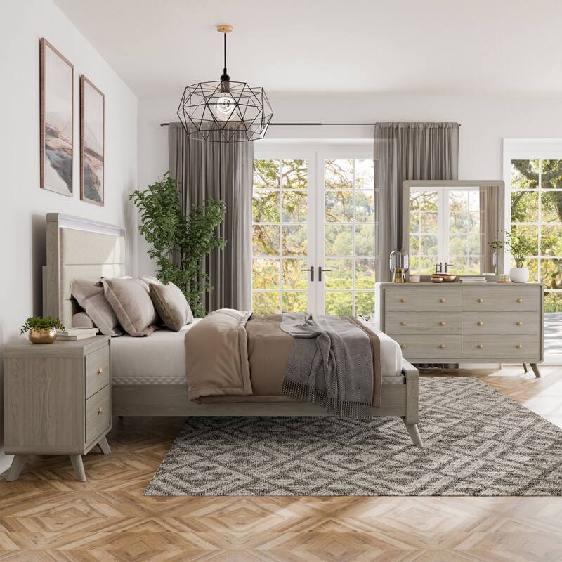 Furniture of America Thaila Modern 4-Piece Grey Wood Upholstered Panel Bedroom Set with LED on Headboard - Eastern King