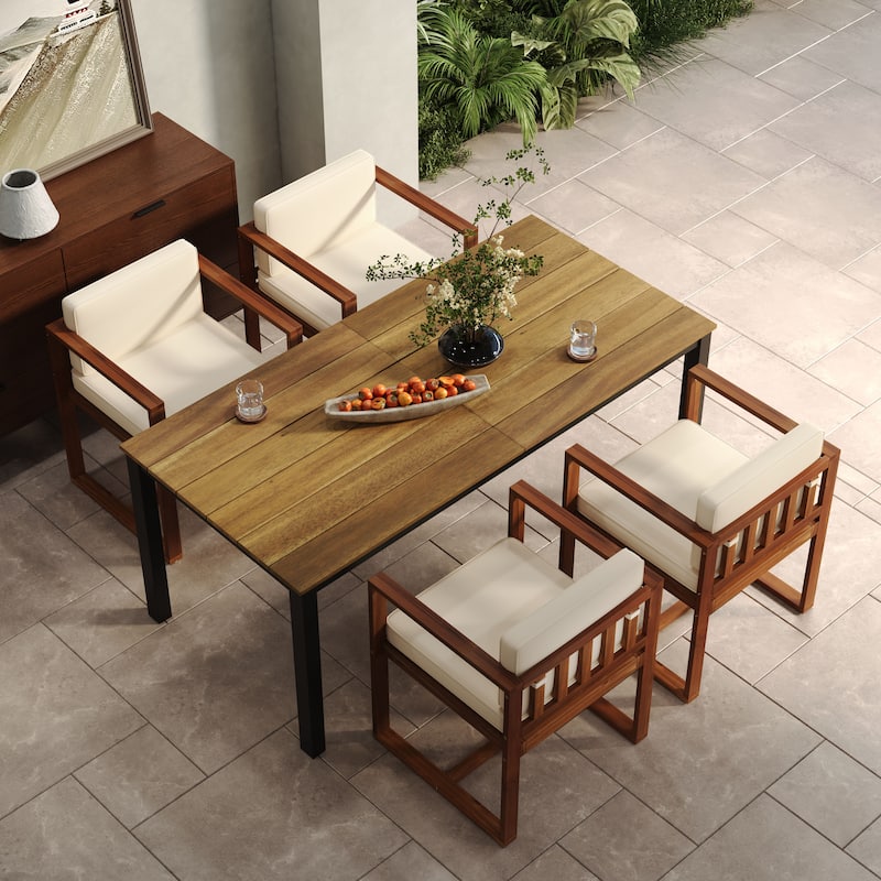Christopher Knight Home Outdoor Rustic Acacia Wood 5-Piece Dining Sets - Beige+Arm Chair