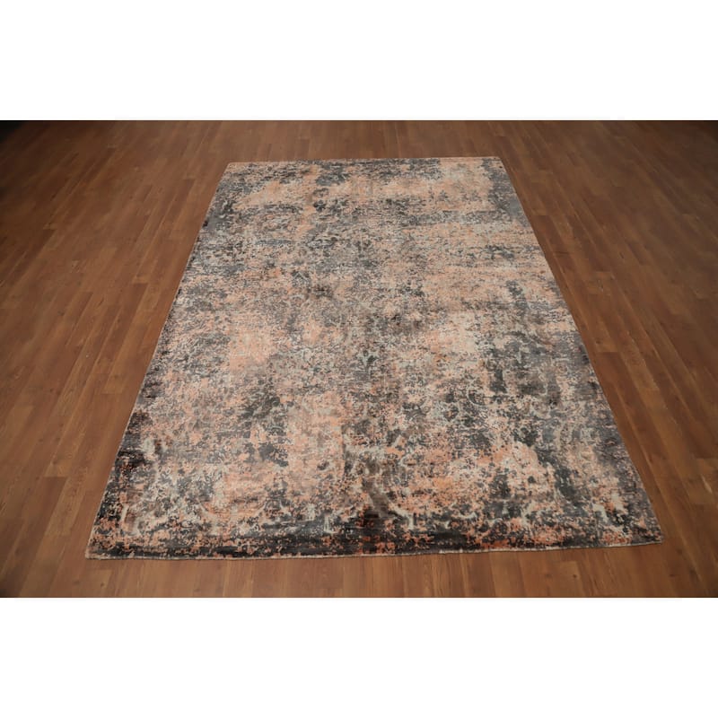 Hand Knotted Oriental Viscose Silk Carpet Modern Abstract Oranges & Rust Abstract Area Rug - 8' 0'' X 5' 8''