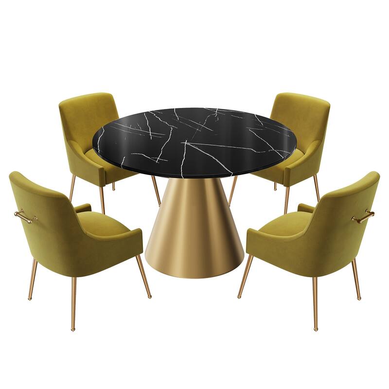 48" Marble Top Metal Dining Table with Velvet Dining Chair Set