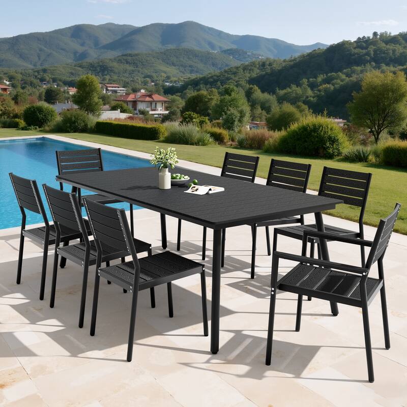 9PC Outdoor Patio Dining Set Aluminum Umbrella Hole Table with Stackable Chairs - Black