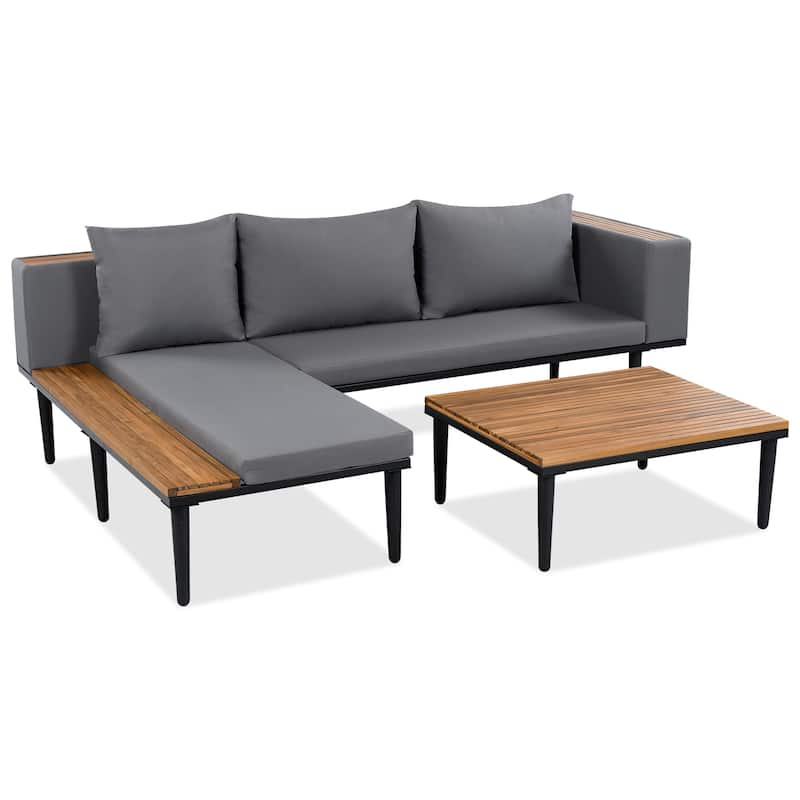 Patio Furniture Set with Removable Cushions and Coffee Table, Acacia Wood Sofa ,Outdoor Conversation Sectional Sofa