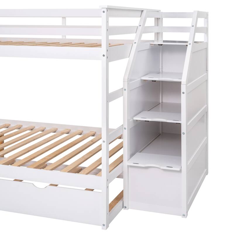 Bunk Bed with Trundle with Safety Guardrail and 3 Storage Stairs, Triple Bunk Multifunctional Space-Saving Solution for Bedroom