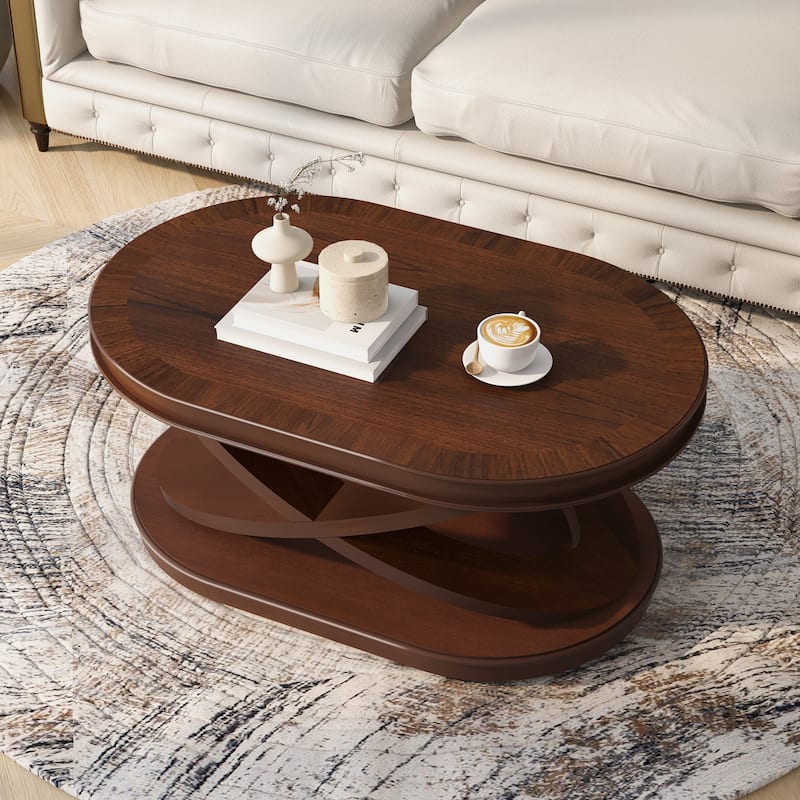44 Inch Wood Oval Coffee Table with X-Shaped Base,Cocktail Table with Open Storage, Sofa Center Table for Living Room