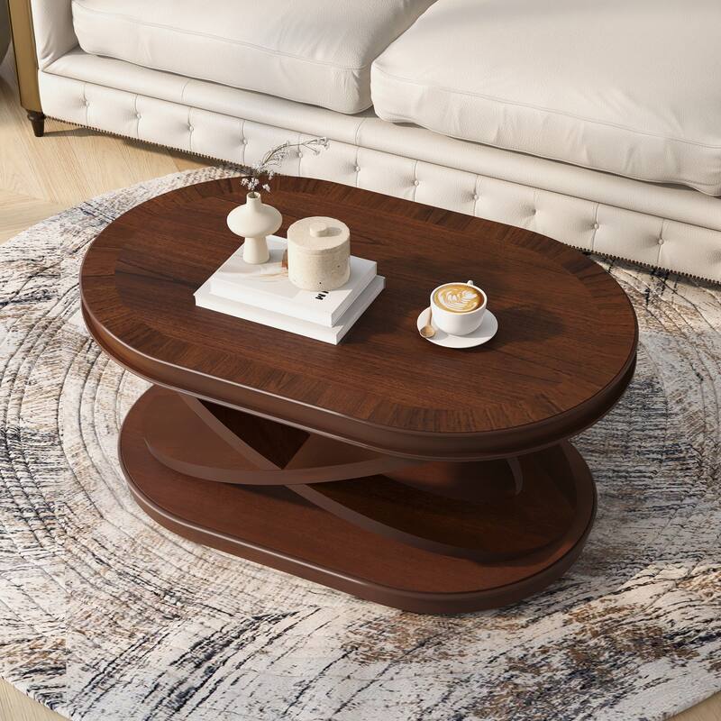 Oval Coffee Table Cocktail Table with X-Shaped Wood Legs, Wood Center Table Accent Table with Round End Table Set of 2